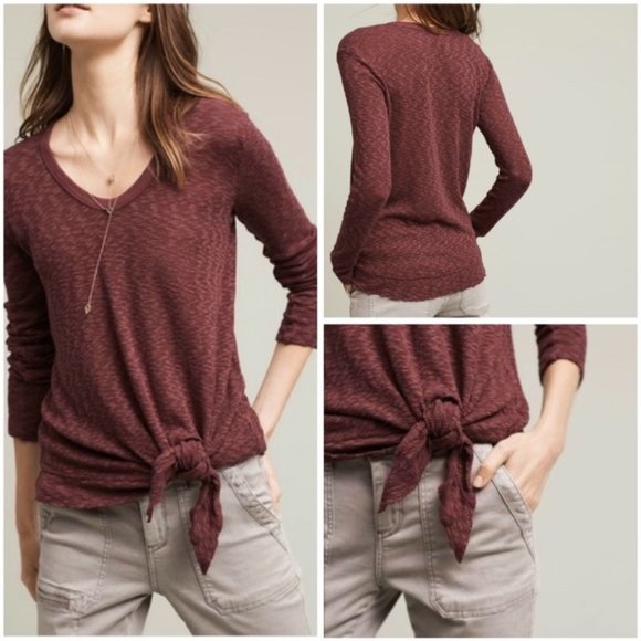 Anthro Left of Center Front Knot Plum Knit Top - Picture 1 of 8